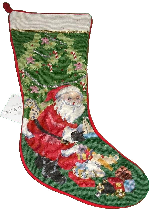 Sferra Santa Wool Needlepoint Christmas Stocking Handmade New