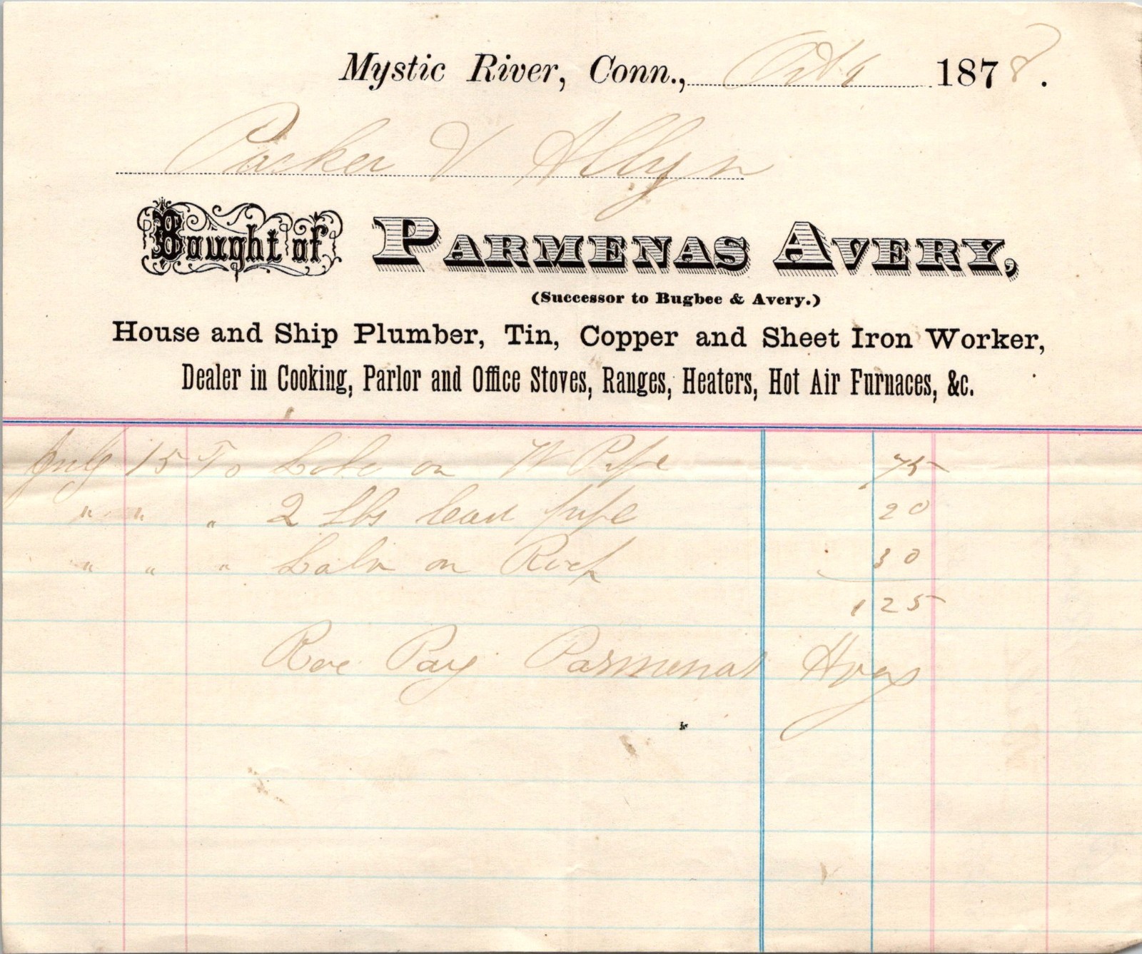 Parmenas Avery House & Ship Plumber 1878 Mystic River CT Letterhead Billhead TB9