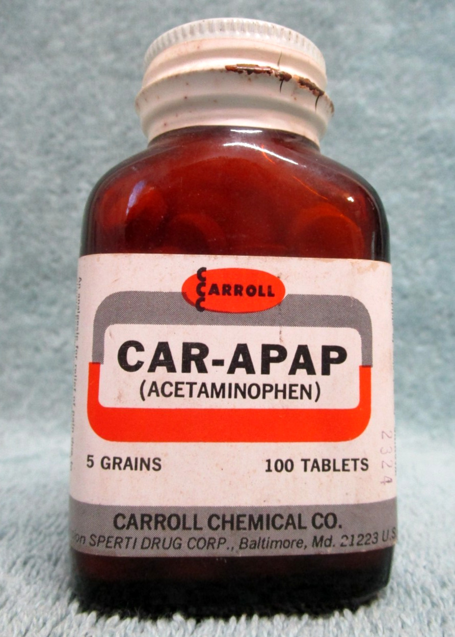 VINTAGE NOS CARROLL CAR-APAP ACETAMINOPHEN TABLETS BOTTLE BALTIMORE MD.