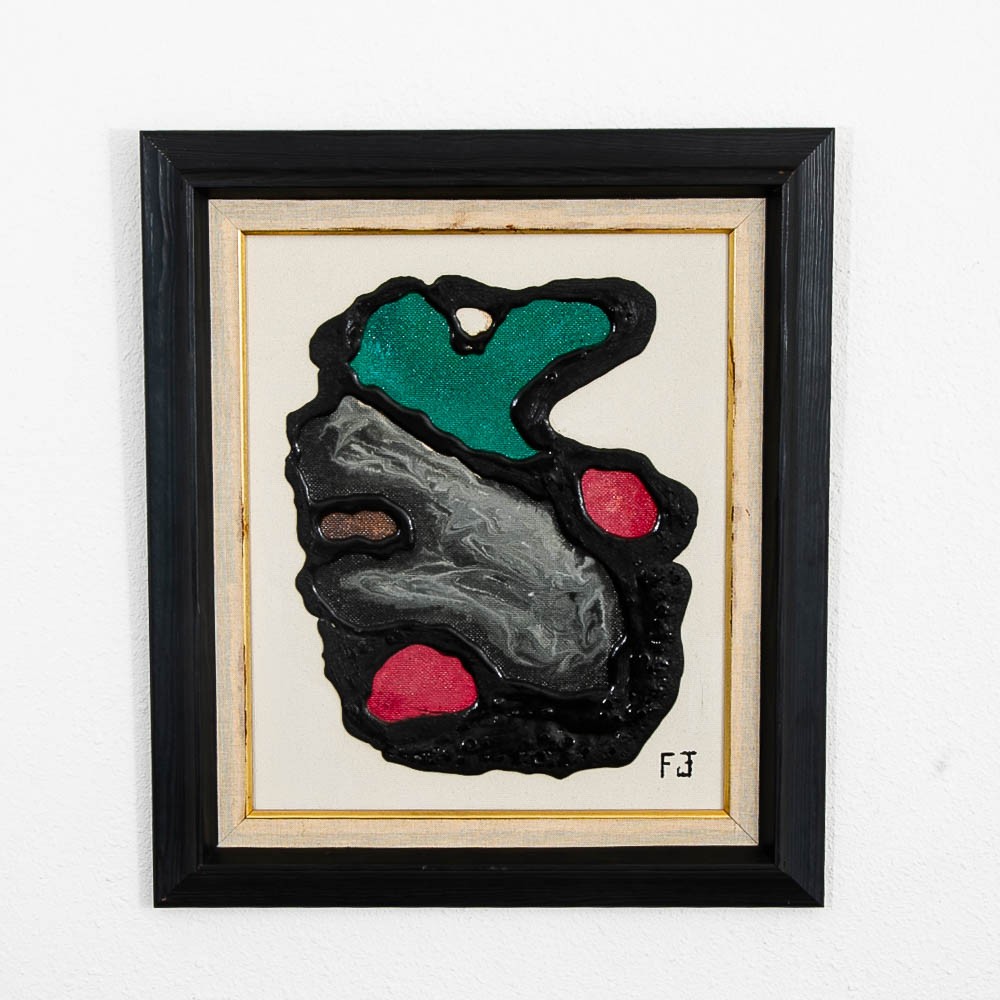 Mid Century Modern Oil Painting Abstract Expressionism Green Black Red Signed