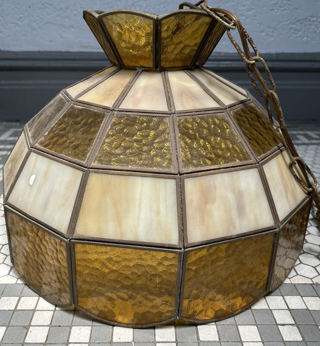 Vintage Stained Glass Hanging/Ceiling Light Fixture - Earth Tones Tan/Brown