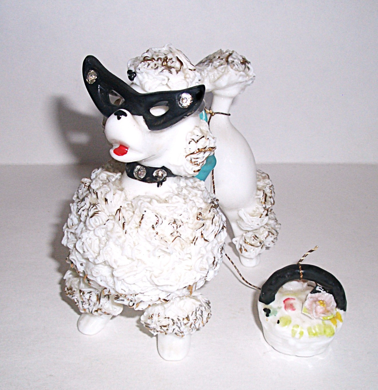 Vtg 1950s White Spaghetti Poodle Rhinestone Glasses/Collar Big Bow Basket Number