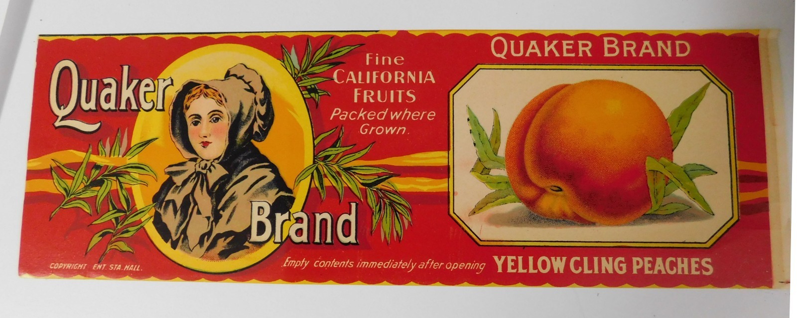 Vintage Quaker Brand Peaches Can Label circa 1900