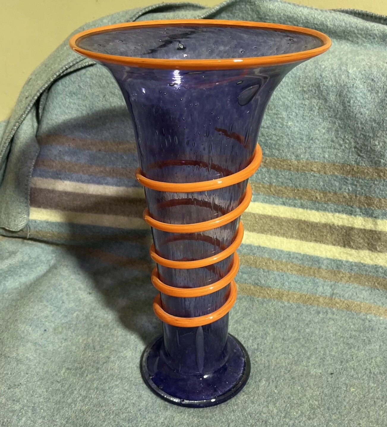 Philip Joel Meyers Purple and Orange Applied Orange Swirl 10” 1/2 Inch Vase
