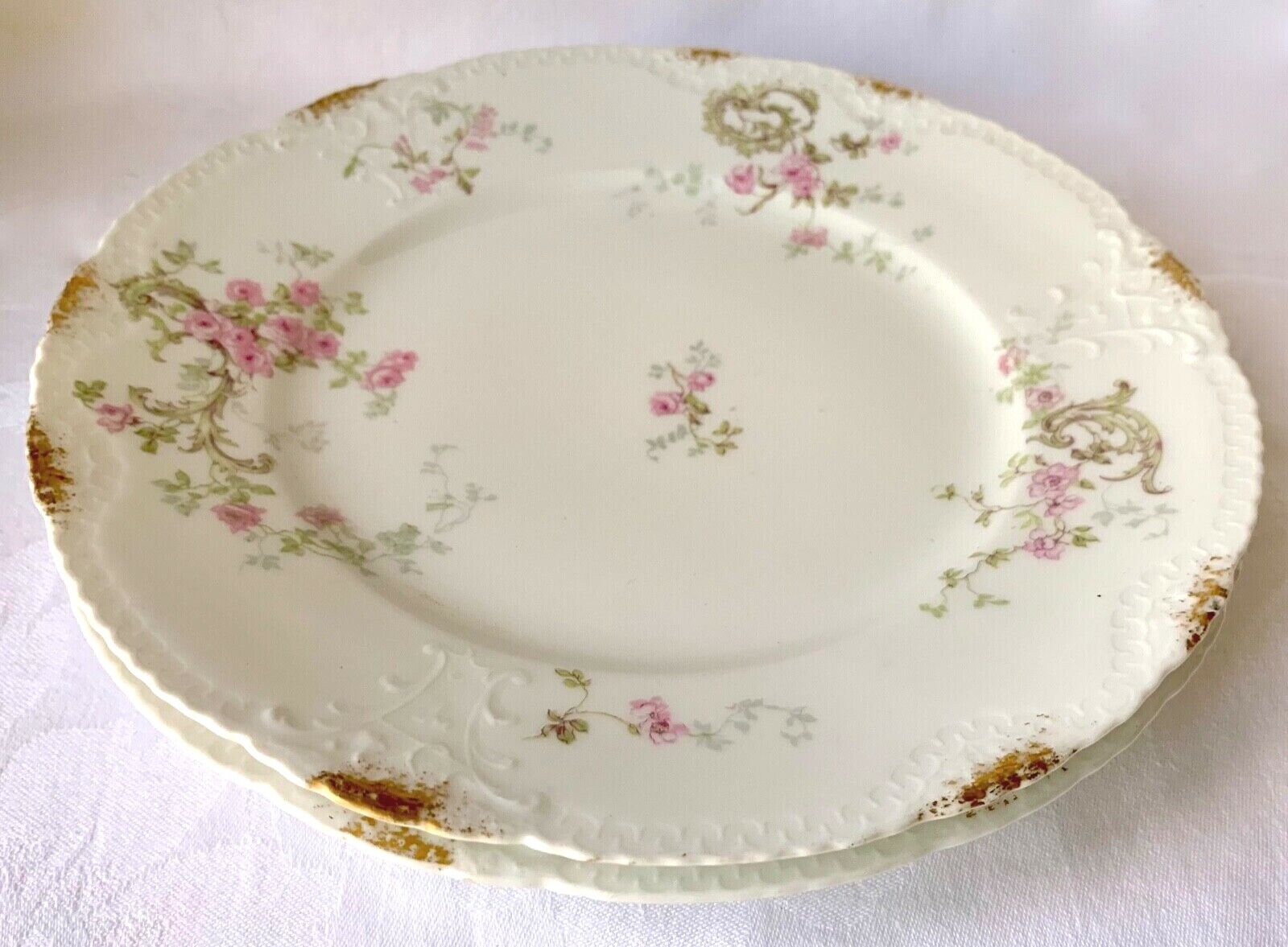 2 THEODORE HAVILAND LIMOGES LUNCH PLATES, SCHLEIGER 144, PINK ROSES, GOLD DAUBS
