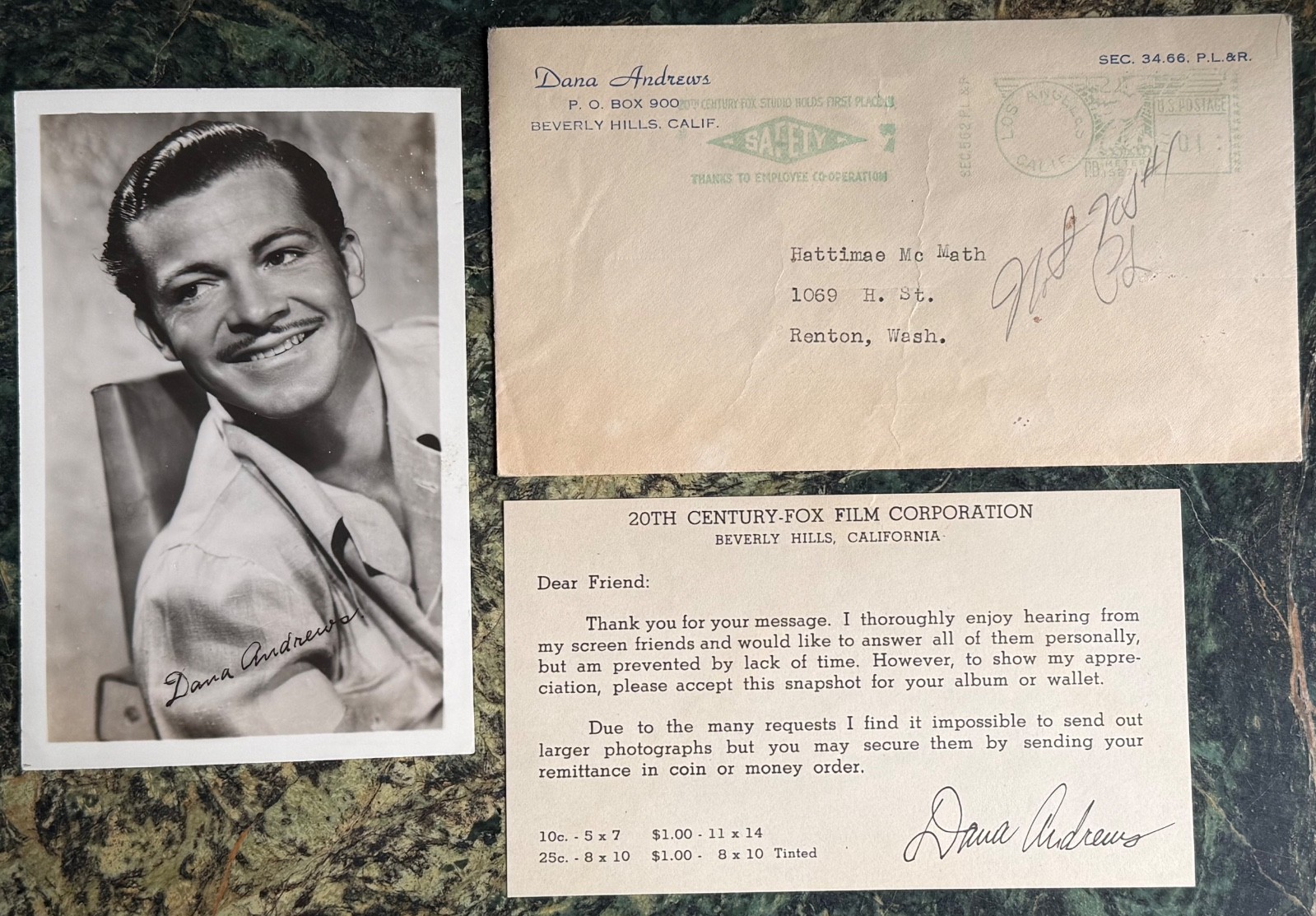 DANA ANDREWS Signed Photograph with Envelope & Card VINTAGE