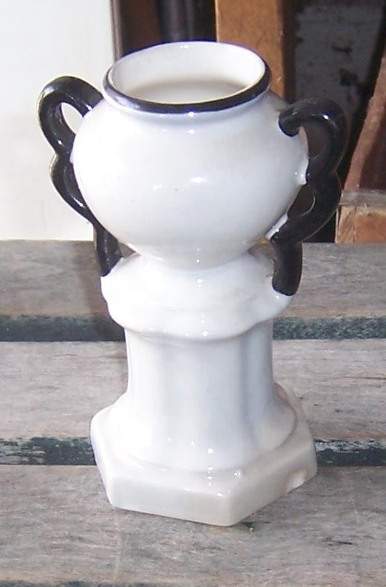 White Lustreware Vase Black Trim Urn Shape Czechoslovakia Decorative