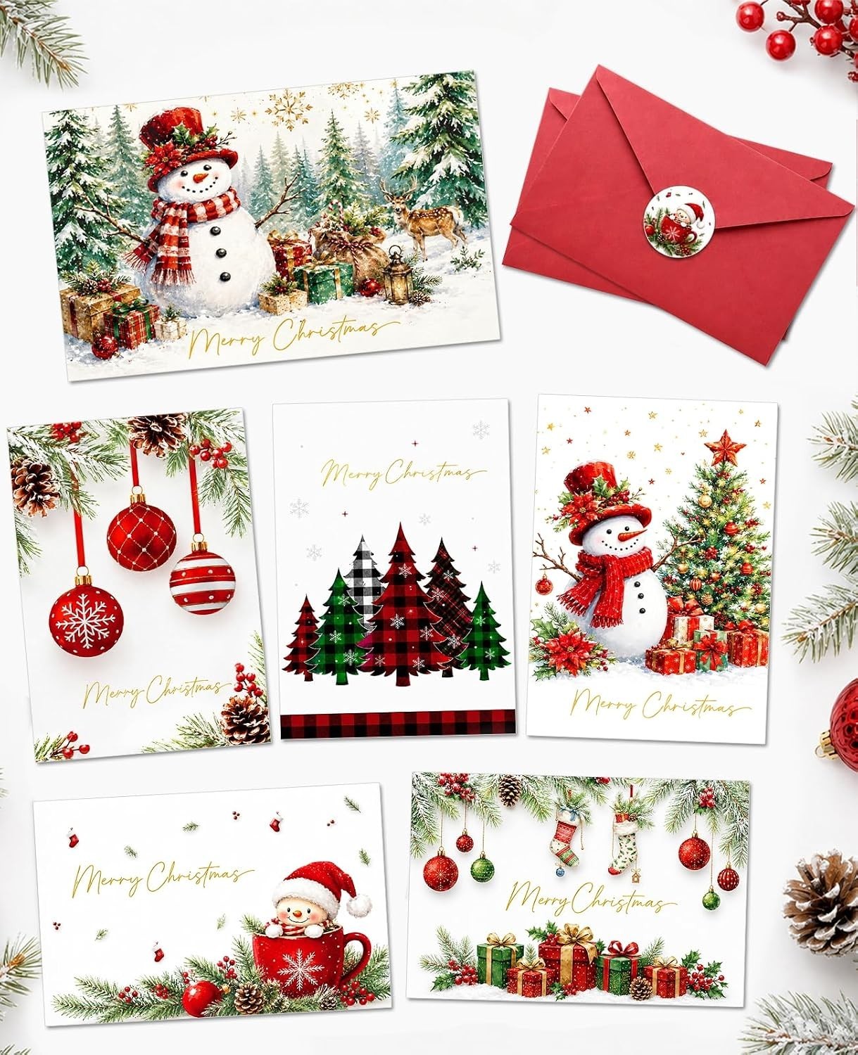 Christmas Cards, 24 Pack Boxed Christmas Cards with Envelopes, Stickers Set