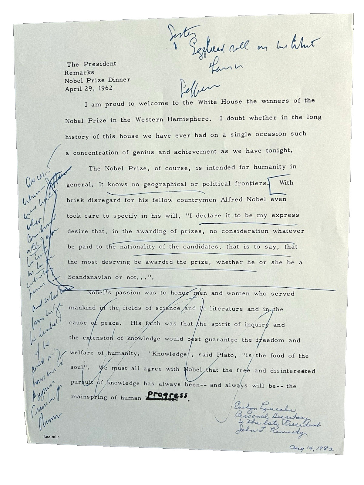 EVELYN LINCOLN HAND-SIGNED/INSCR. COPY OF PRESIDENT KENNEDY'S NOTATED REMARKS EVELYN LINCOLN HAND-SIGNED/INSCR. COPY OF PRESIDENT KENNEDY'S NOTATED REMARKS