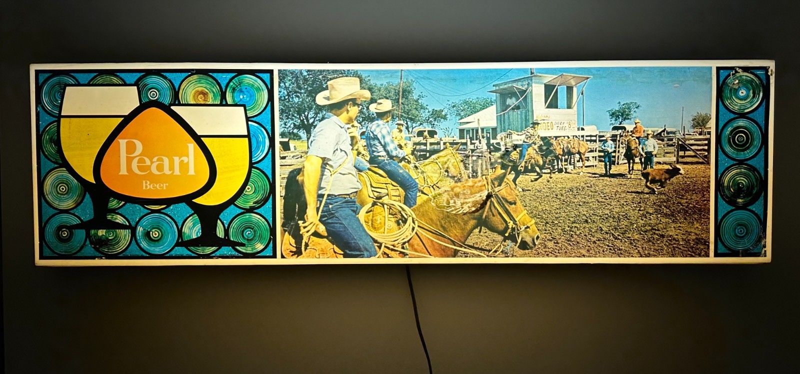 VTG 1960s Pearl Beer Lighted Rodeo Cowboy Scene Sign 36x10 Texas Breweriana