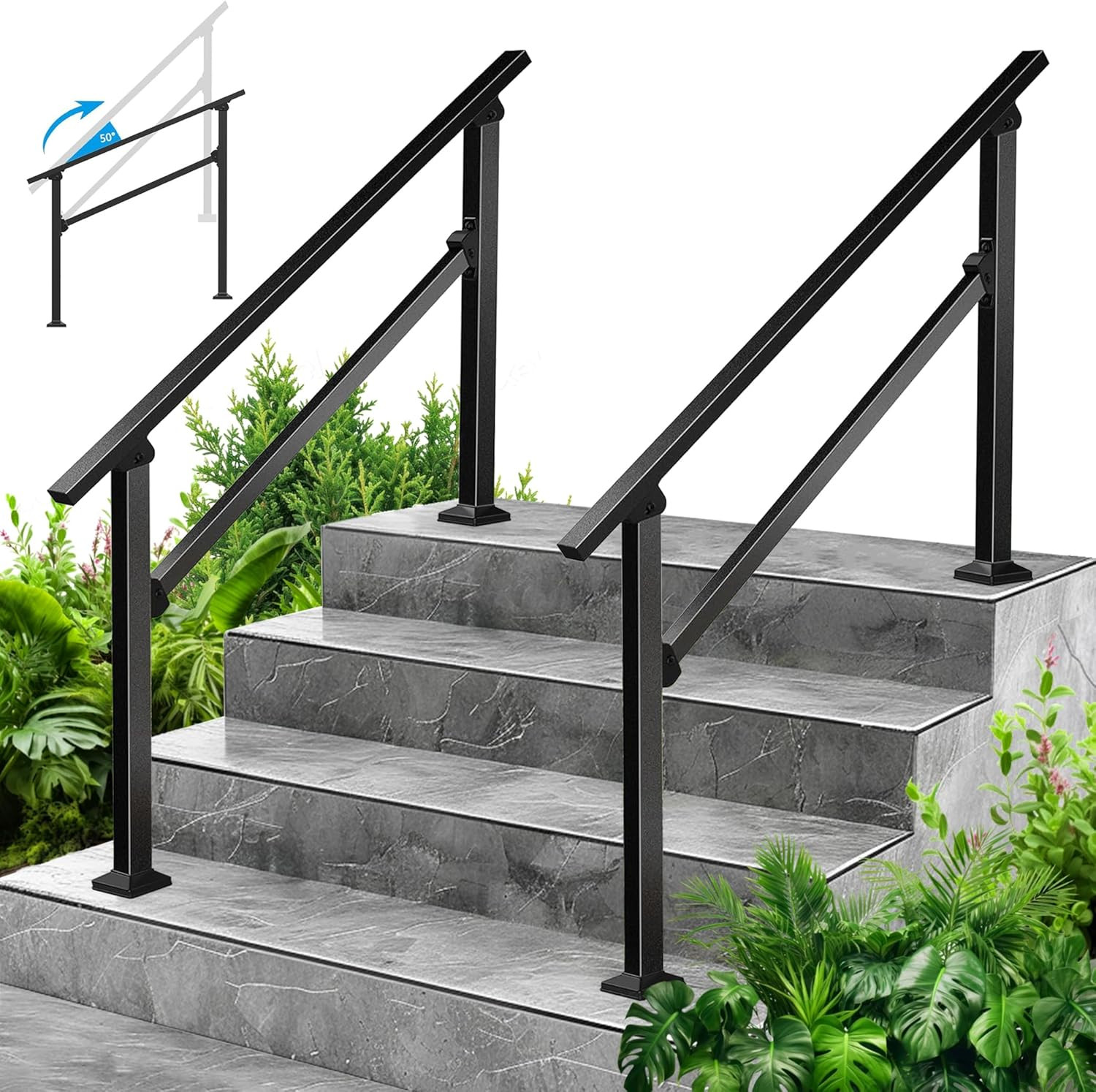2-Pack Outdoor Handrails for 4 Steps – Black Stair Handrail & Indoor Stair Ra...