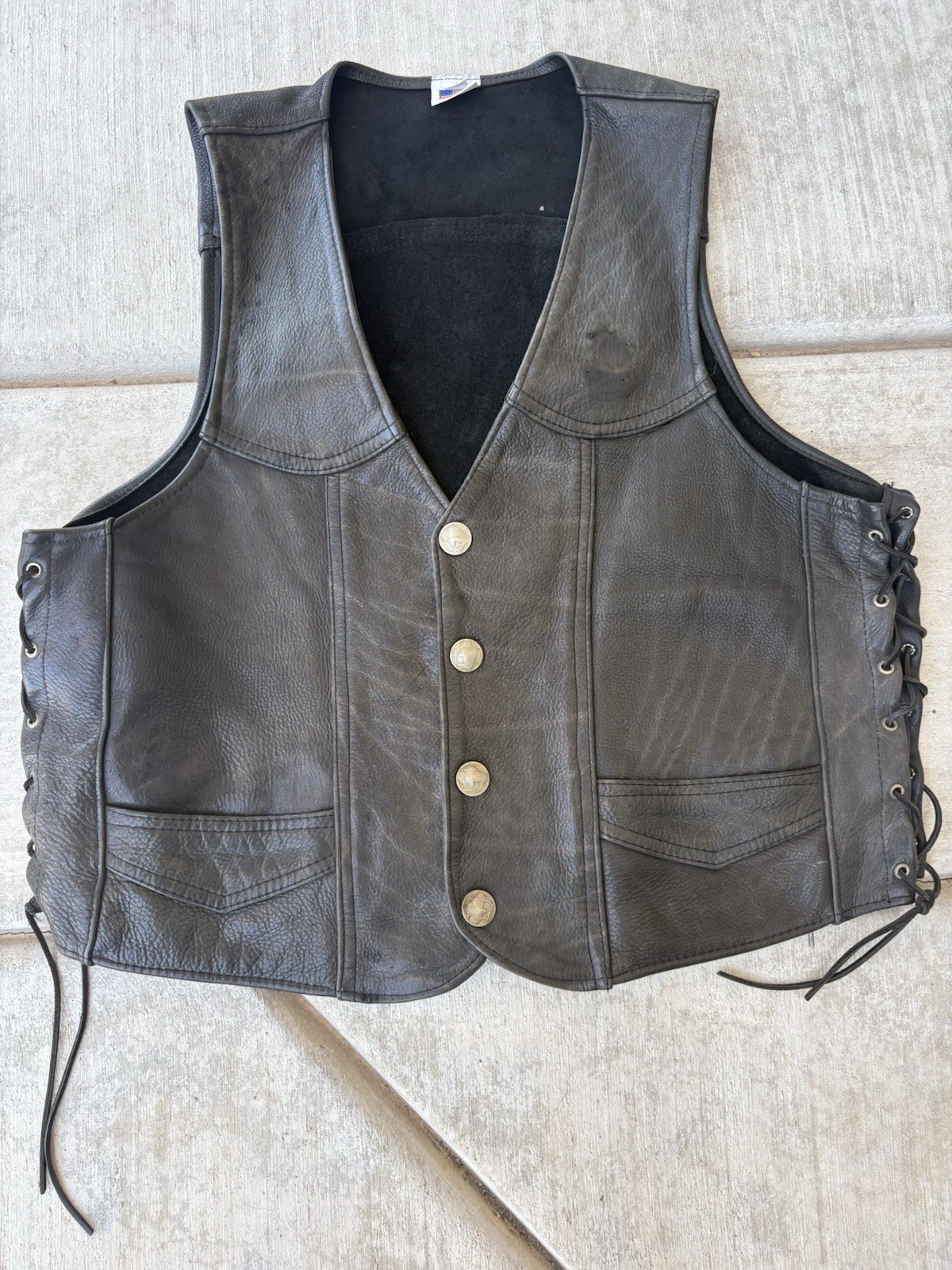 Vintage USA Made Heavy Black Leather Motorcycle Vest Buffalo Nickel Biker  XL