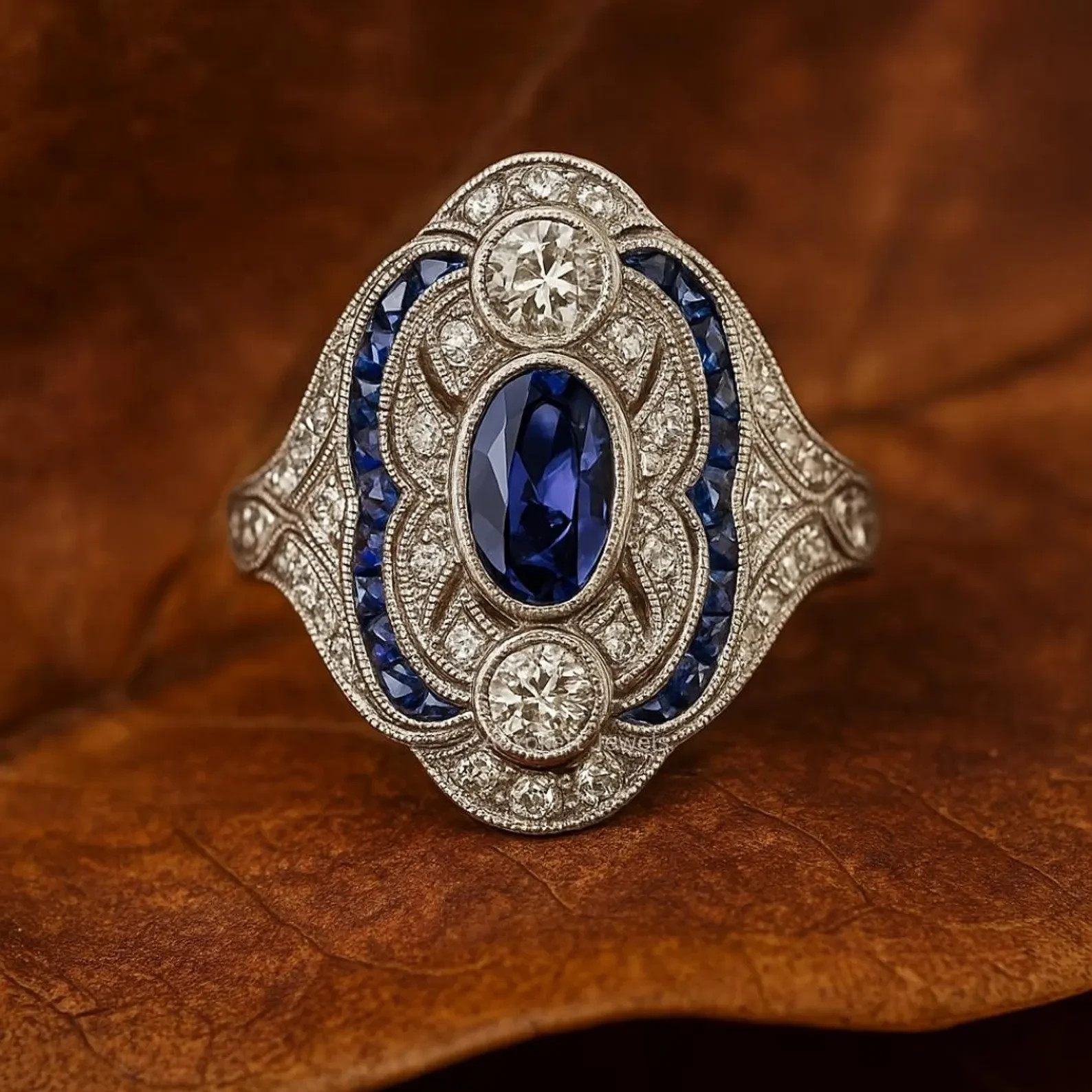 3Ct Art Deco Lab Created Blue Sapphire Engagement 14K White Gold Plated Ring