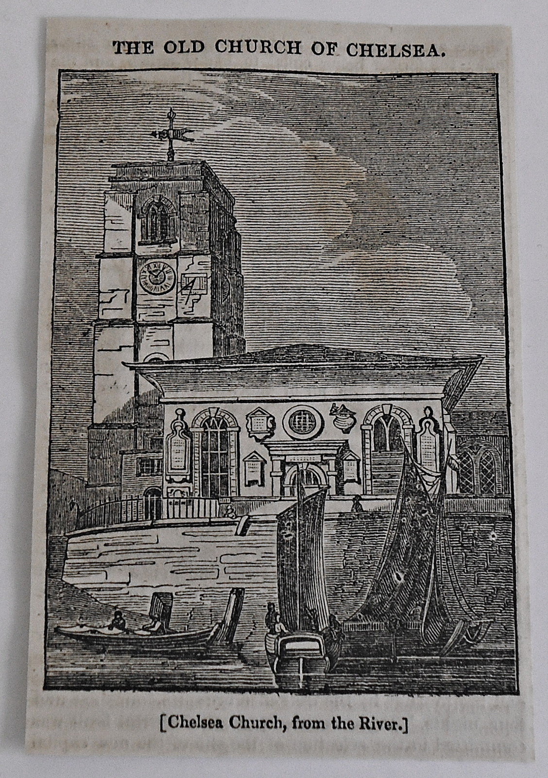 small 1832 magazine engraving ~ OLD CHURCH OF CHELSEA from the river, England