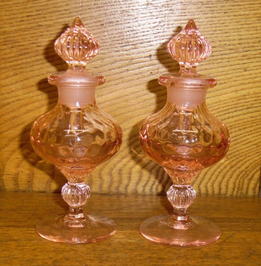Pair Vintage Heisey Glass Perfume / Cologne Bottles - Fairacre Flamingo Pink