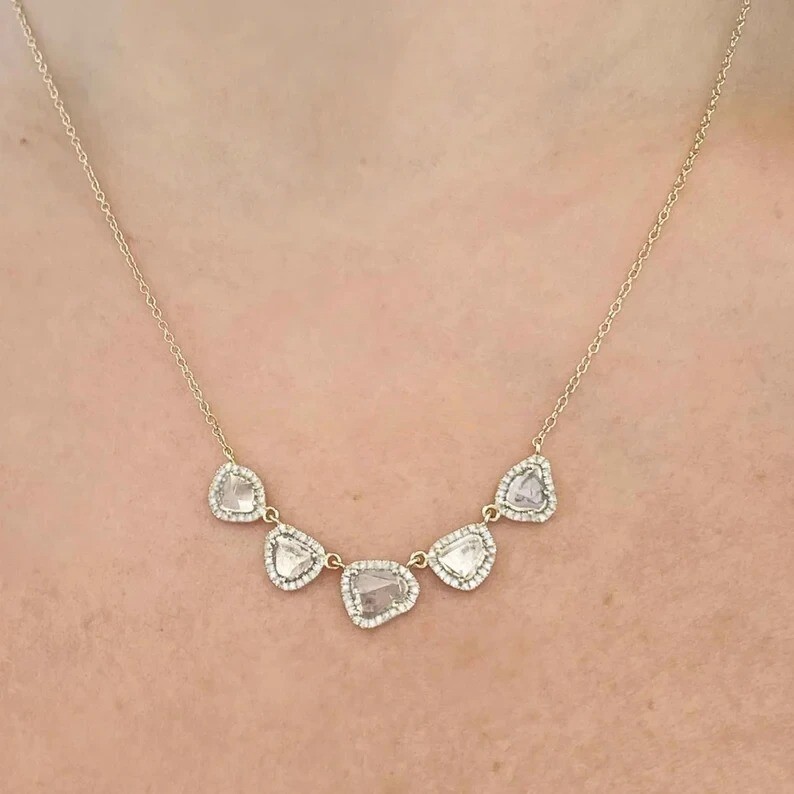 Dainty Diamond Minimalist Rose Cut Diamond Slice  Sterling Silver 925 Necklace