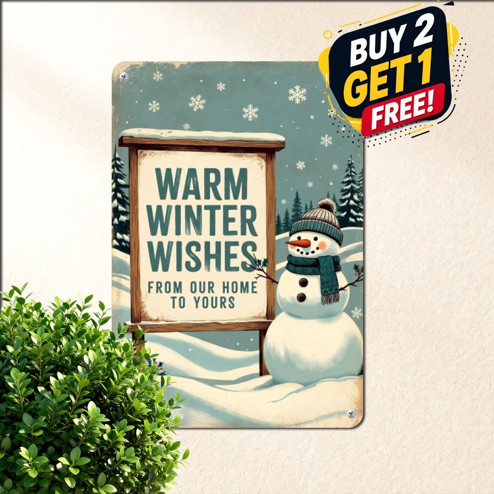 Cute Smiling Winter Snowman Sign Vintage Retro Christmas Metal Tin Plaque