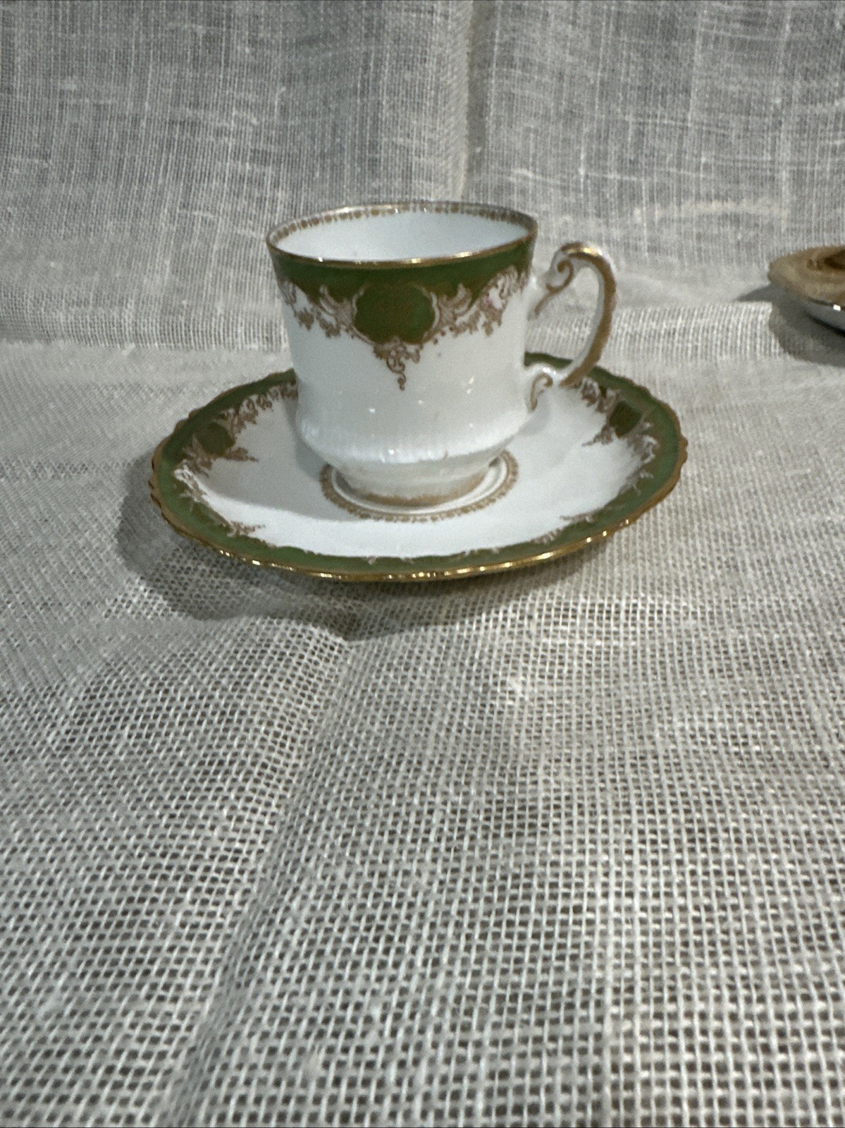 Antique Theodore Haviland Limoges France Teacup & Saucer Set Green Gold c. 1903