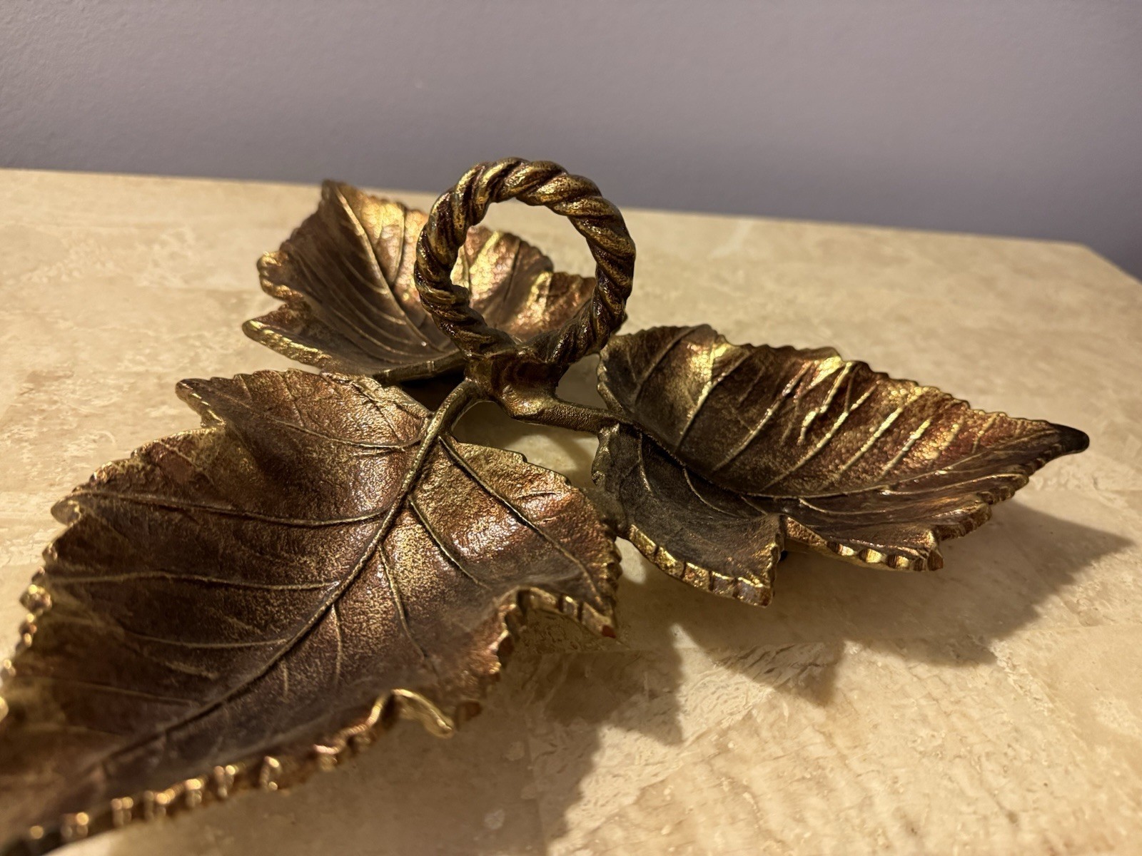 Vintage Metal Veined Grape Leaf Trio Candy/Trinket Dish w/ Handle Luxury Decor