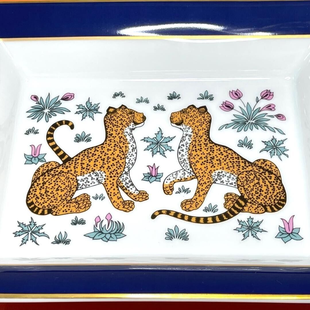 Authentic HERMES Paris Ashtray Porcelain Leopard Navy Gold Rim Change Tray w/Box