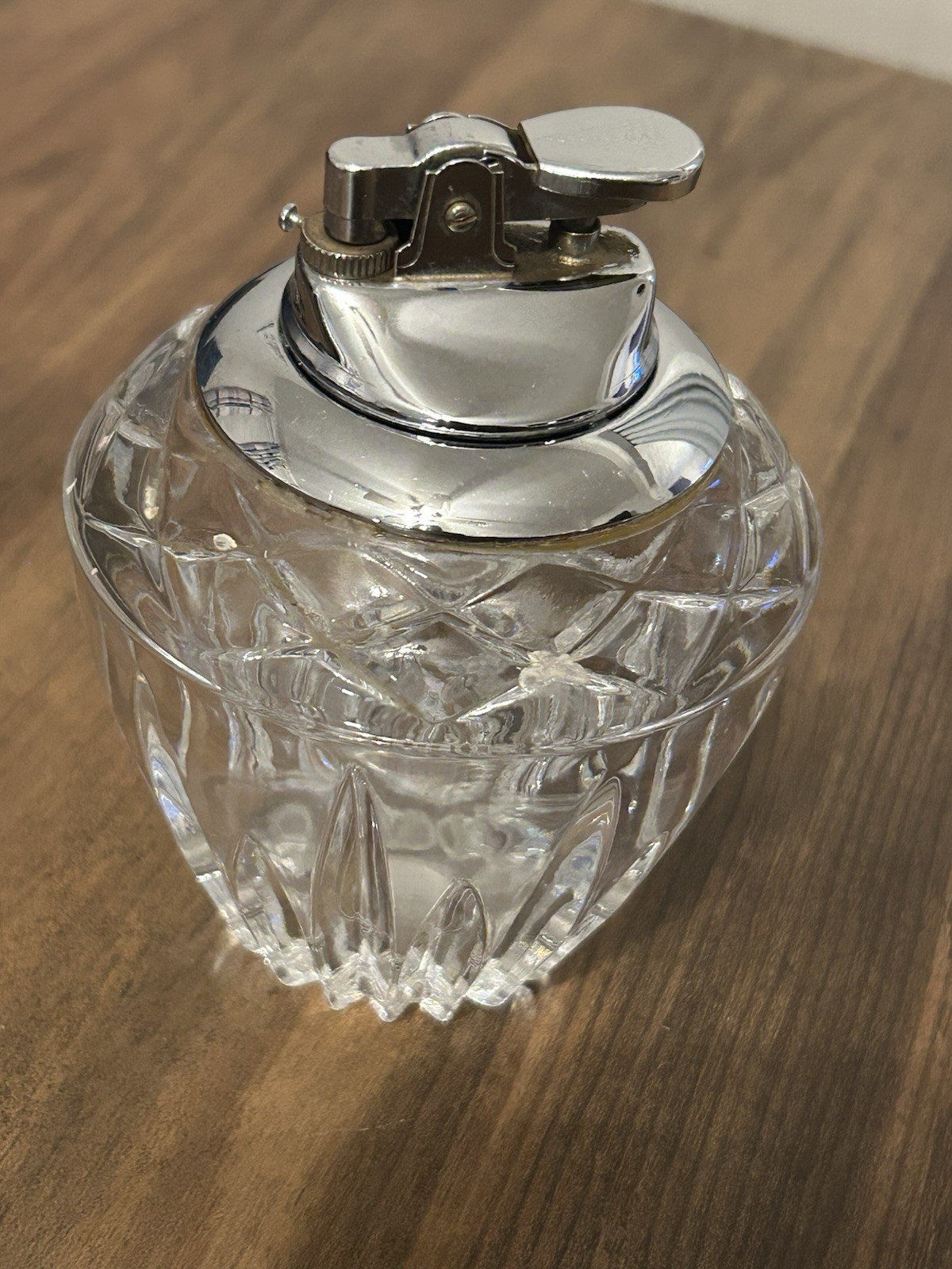 Vintage Cut Glass Crystal Table Top Cigar Cigarette Lighter Chrome Head Japan