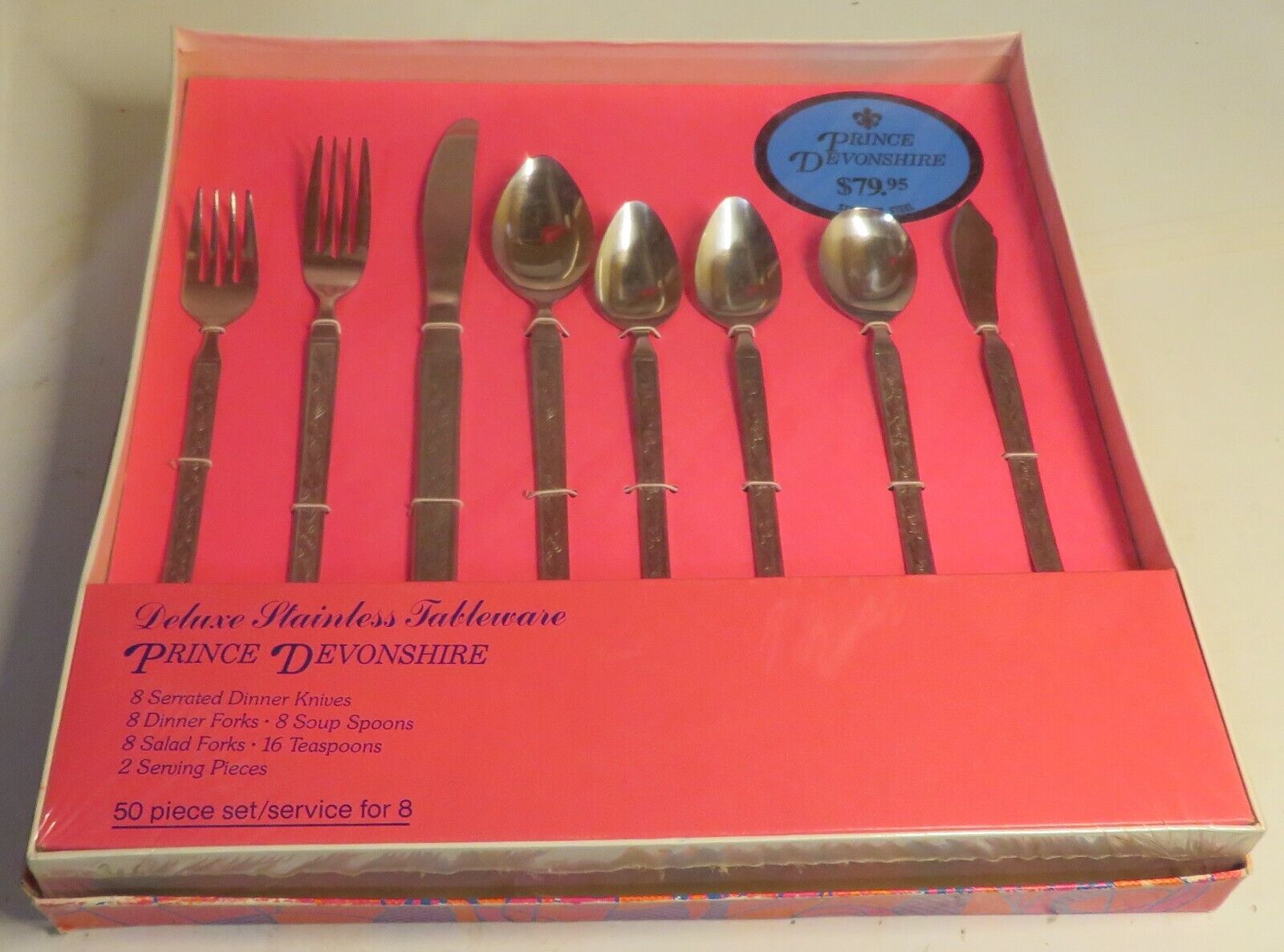 Vintage 50 Pc 8 Place Setting New Sealed Rose Prince Devonshire Stainless Steel