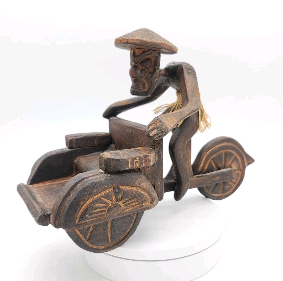 Vintage Artisan Folk Art Chinese Man Pushing Rickshaw Hand Carved Wood Sculpture