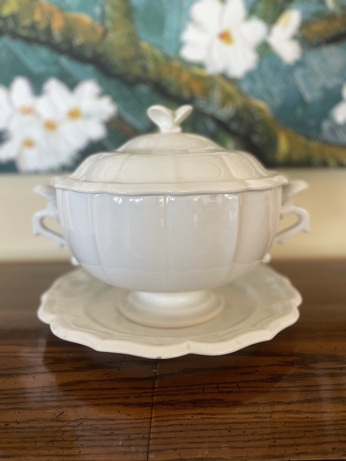 Vintage Gien White Ceramic French Tureen with Serving Dish Made In France