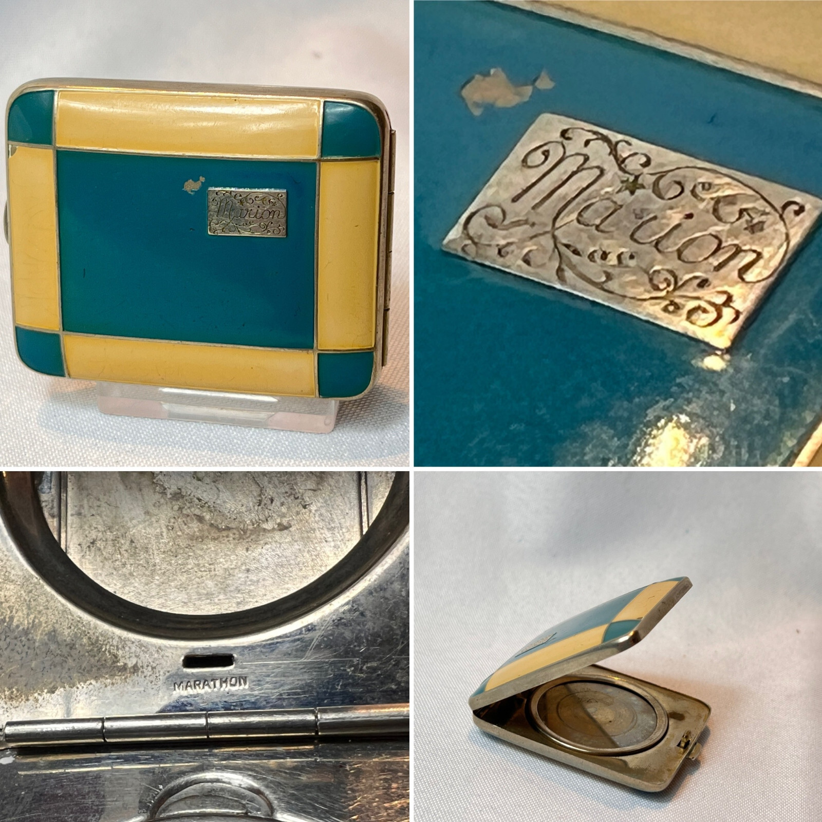 1930\'s Marathon Marion Foto Pak Compact Blue White Enamel Dbl Vanity Powder Box