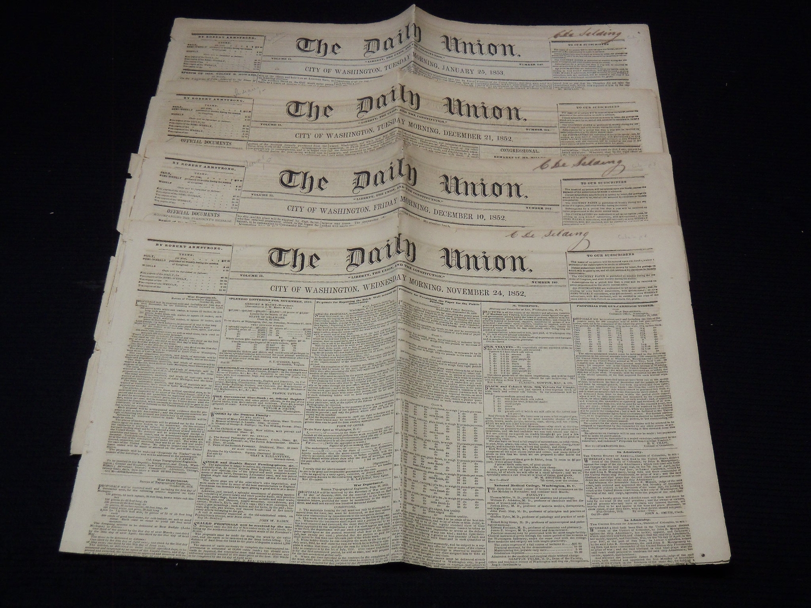 1852-1853 THE DAILY UNION NEWSPAPER LOT OF 4 ISSUES - WASINGTON - NP 3297E 1852-1853 THE DAILY UNION NEWSPAPER LOT OF 4 ISSUES - WASINGTON - NP 3297E