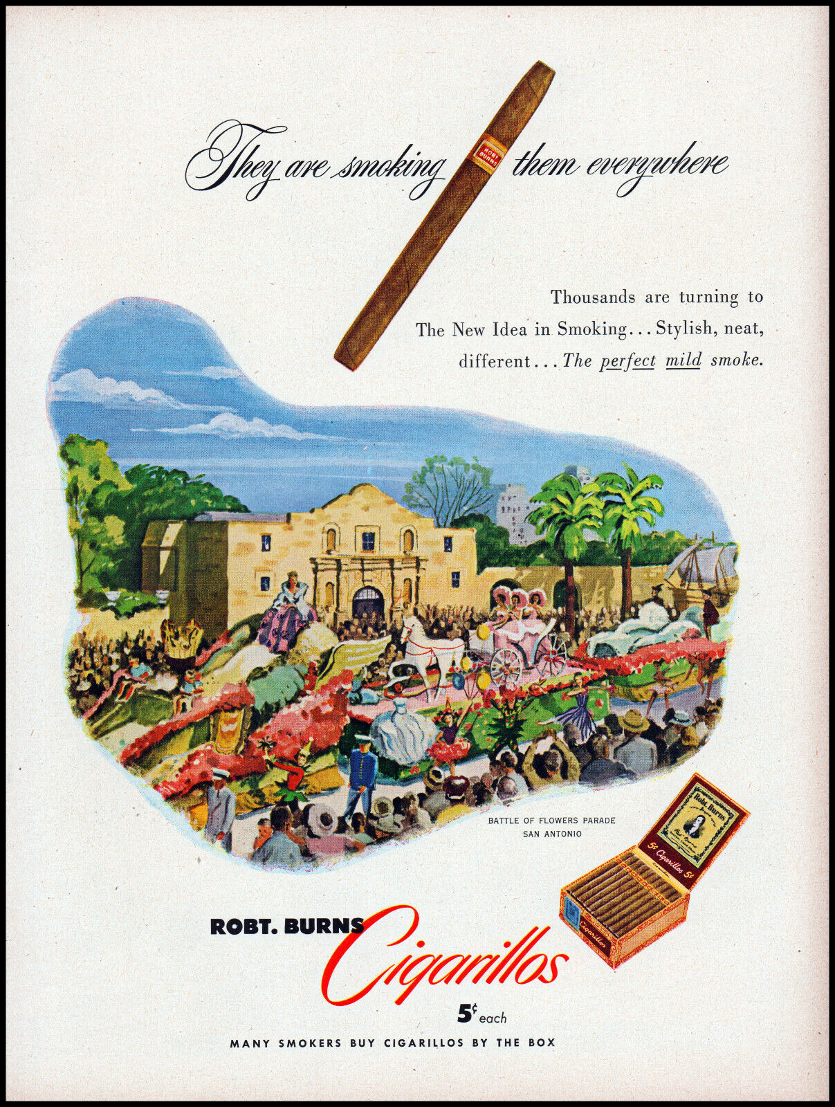 1950 Robt Burns cigarillos Battle of Flowers Parade Texas retro art print ad L31