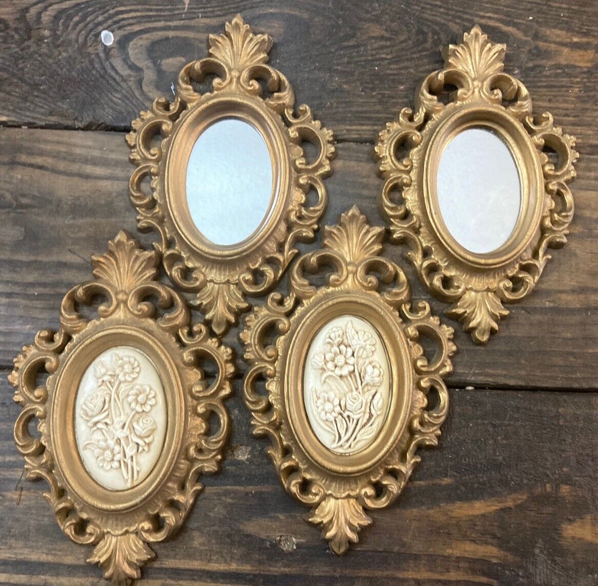 Vintage Set Of 4 Small But wood Wall Hangings Mirrors *A