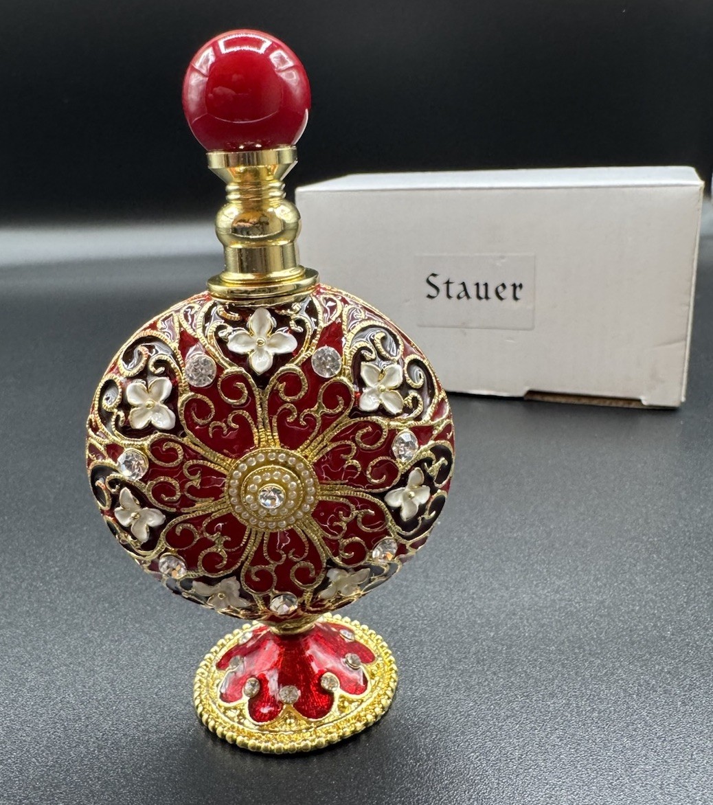 Vintage Stauer “Bombay” Perfume Bottle – Red, White & Gold with Rhinestones Vintage Stauer “Bombay” Perfume Bottle – Red, White & Gold with Rhinestones
