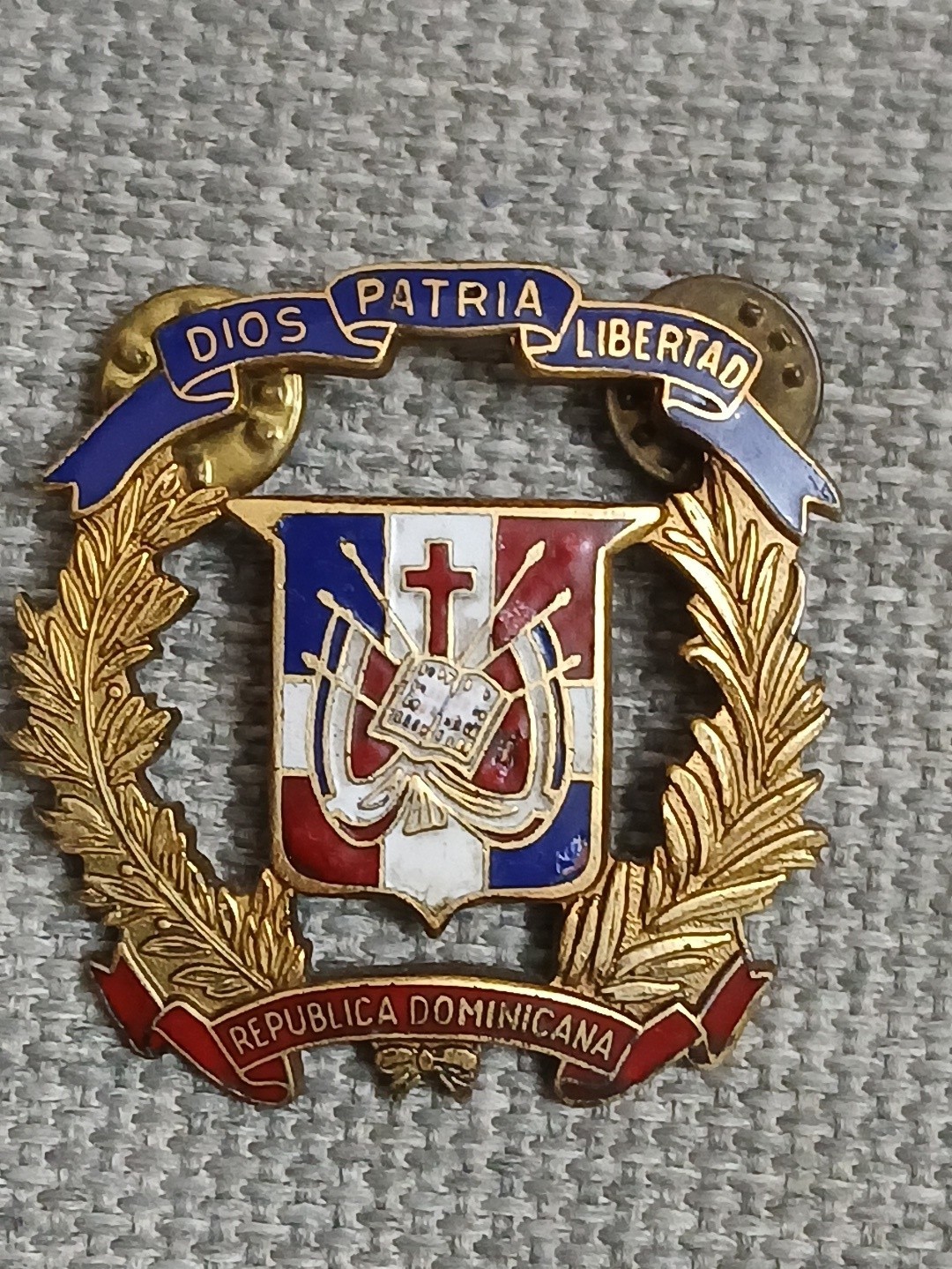 Vintage Trujillo Era Dominican Republic Army hat badge  brass and enamel 