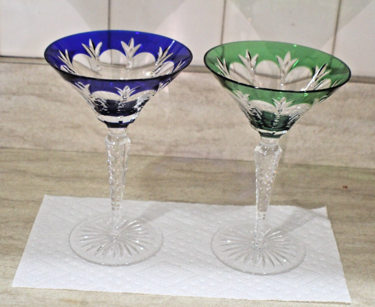 2 FABERGE Grand Palais Blue and Green Martini Glasses