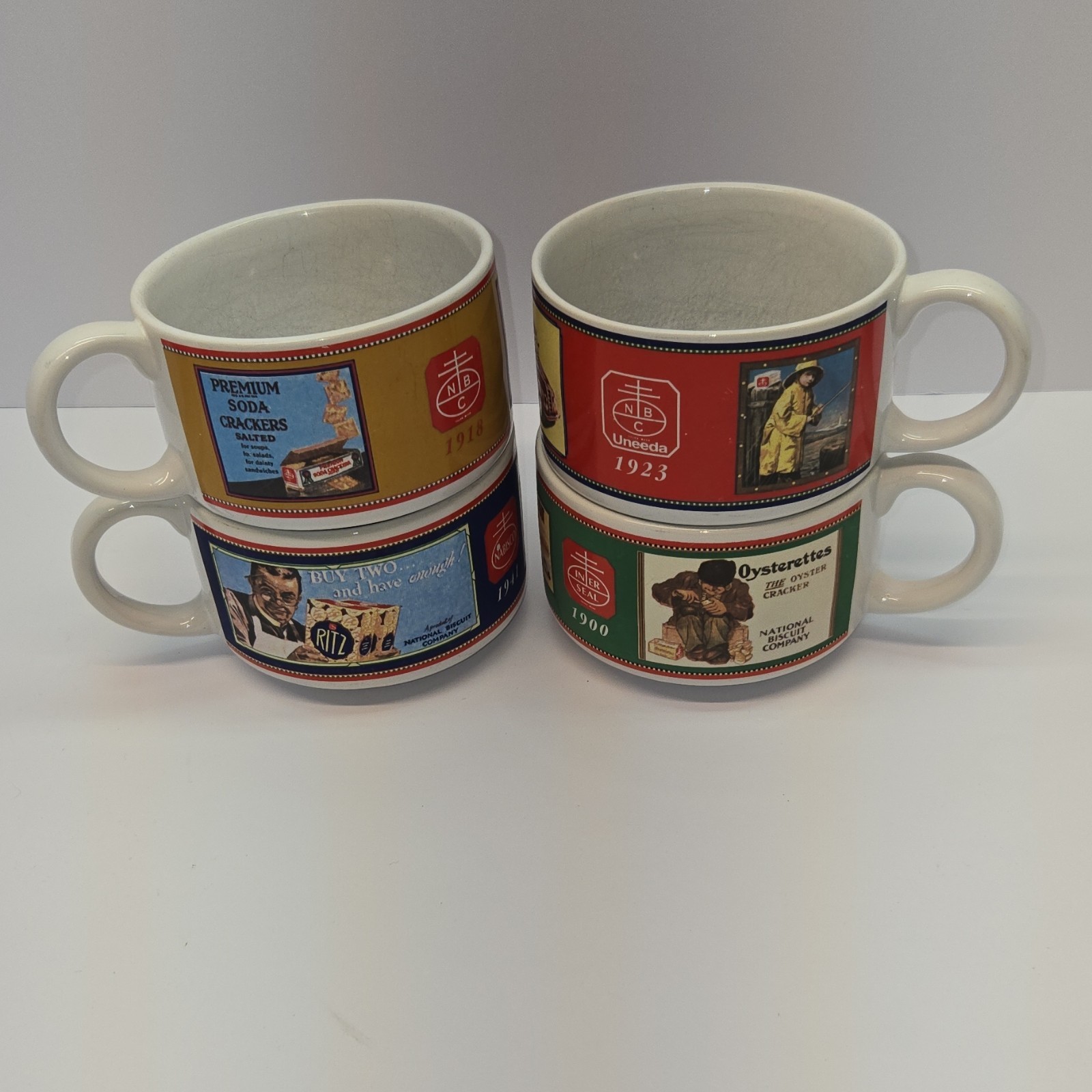 Nabisco Cracker Advertising Mugs Set of 4, Ritz Uneeda Oysterettes, 1923