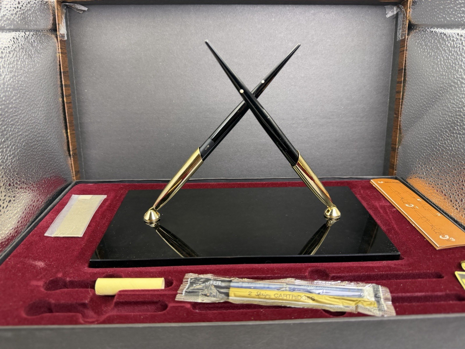 Vintage Sheaffer J15 Jet Crystal Desk Set Fountain Pen Ballpoint Black Gold NOS