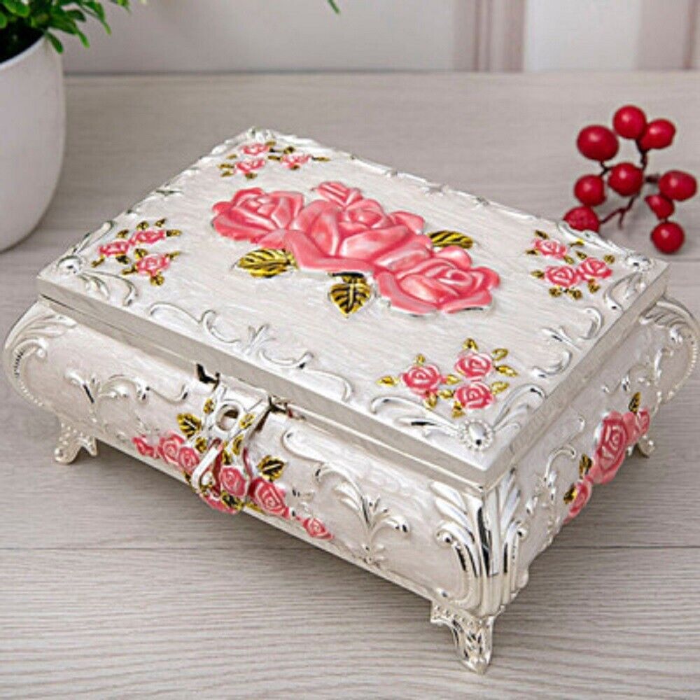 WHITE TIN ALLOY RECTANGLE SHAPE  PINK  ROSES  MUSIC BOX :  ANNIE\'S SONG