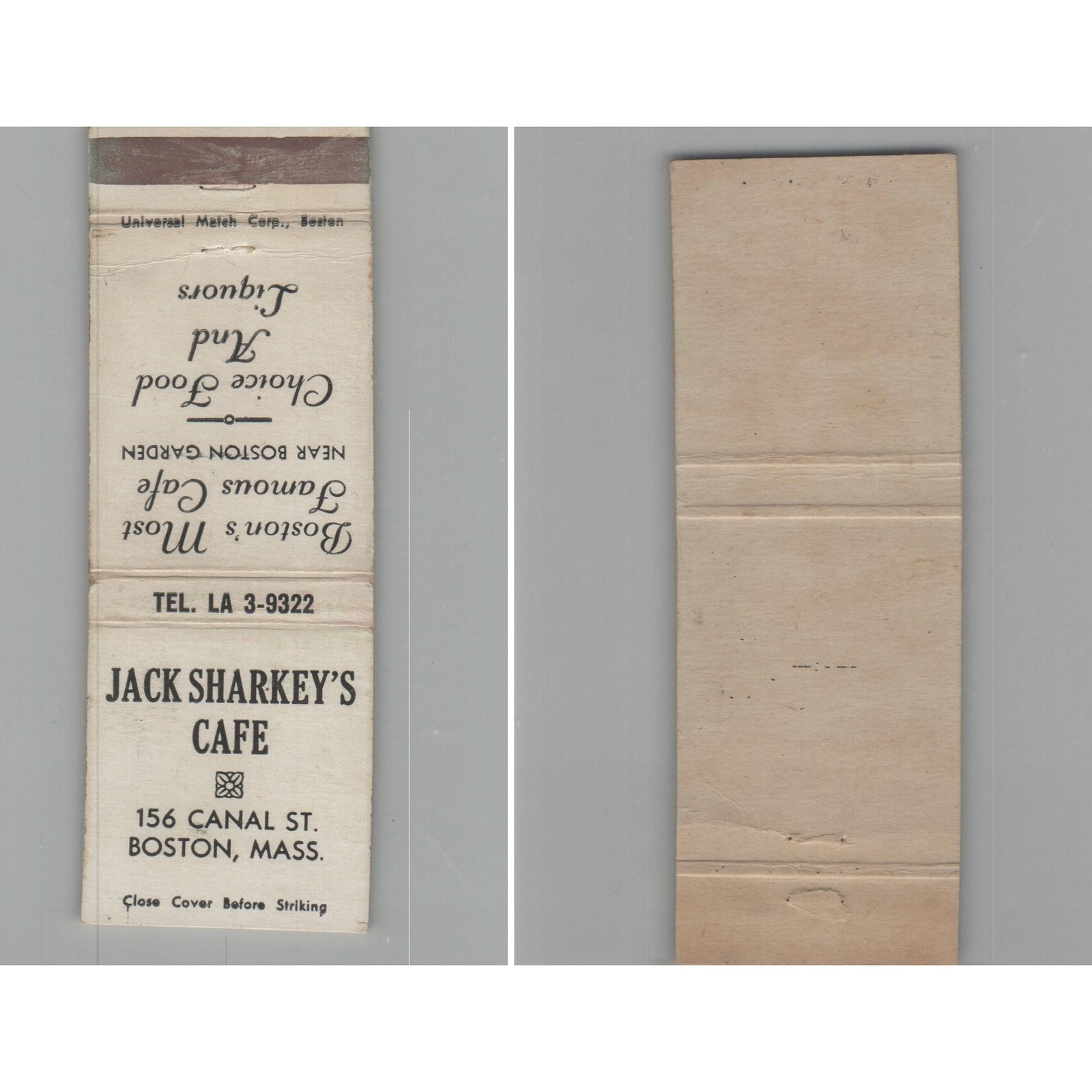 Matchbook Cover Jack Sharkey\'s Heavyweight Champ Cafe Boston MA