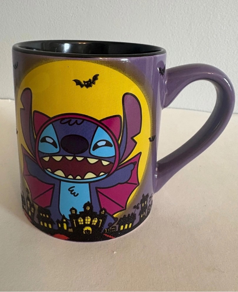 Disney Stitch Halloween Glitter Mug Silver Buffalo 14 Oz Vampire Bat Haunted Ho