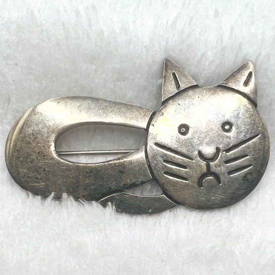 Taxco Mexico Sterling Silver Cat Brooch Kitten Feline TF55 BP3282 2.25X1.25\