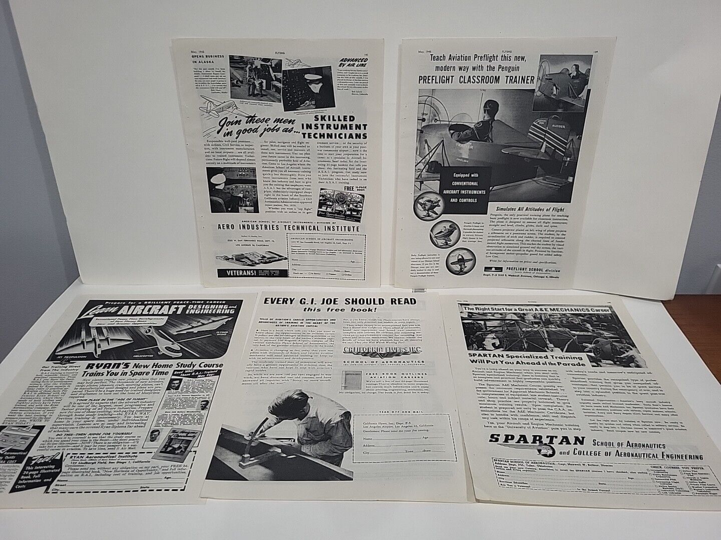 Lot (5) WW2-Era Flying Airplane Aviation Schools Print Ads Spartan Aero Ryan\'s