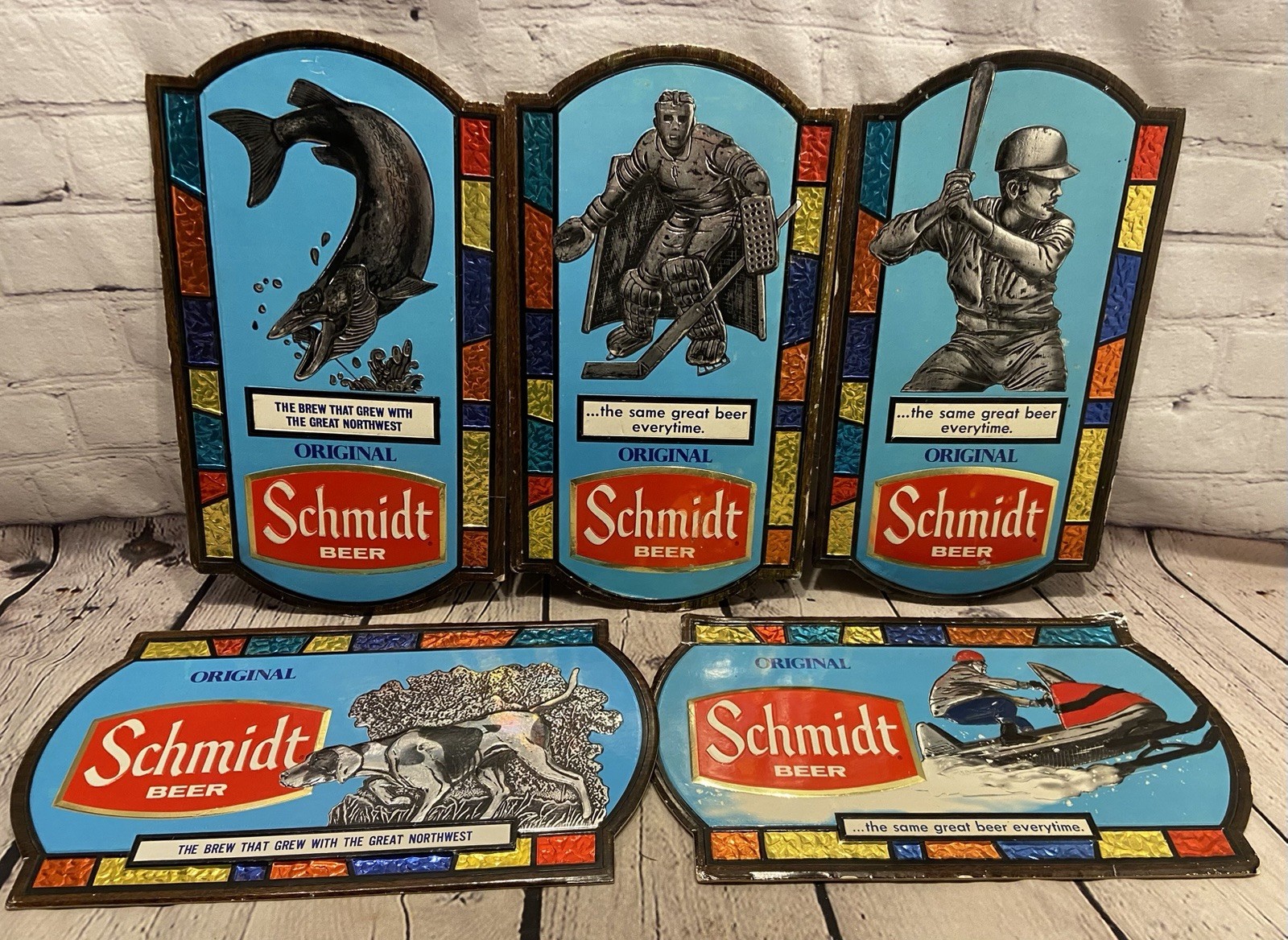 Vintage Schmidt Beer Signs Lot of 5 Foil Cardboard Sportsmen's Set Embossed 1973