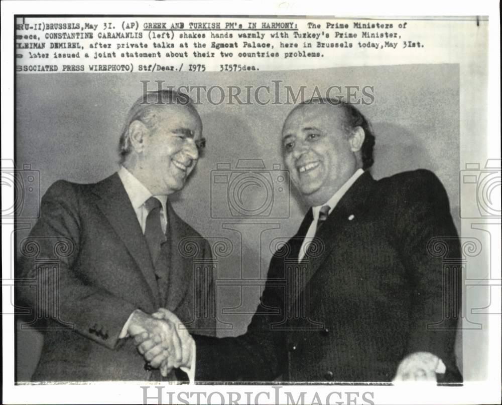1975 Press Photo Premiers Constantine Caramanlis, Suleyman Demirel meet, Belgium