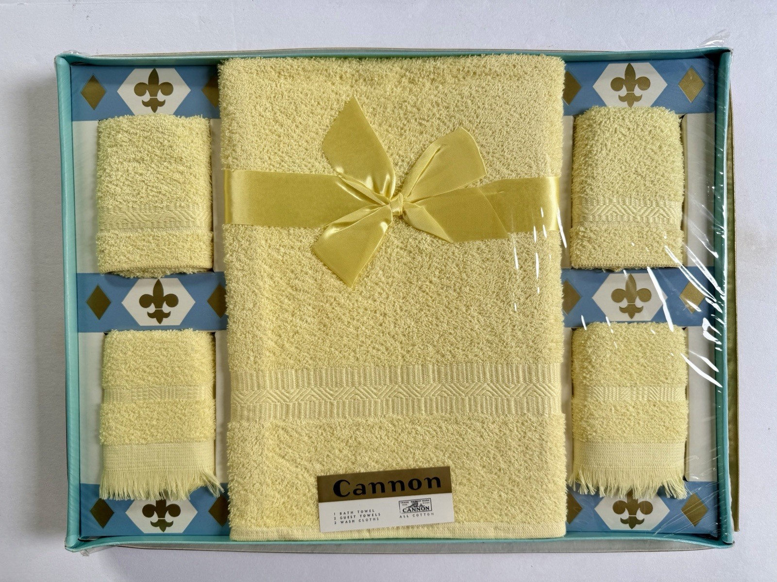 NOS Vintage Cannon Yellow Cotton Towel & Washcloth Set of 5 Made in USA
