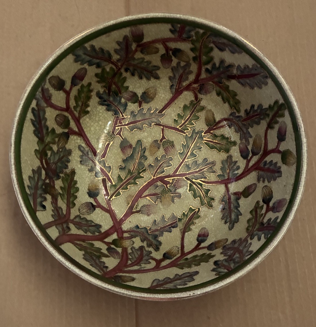 VTG Hand-Painted Chinese Crackle Bowl Floral Gold Red Green Holiday Christmas
