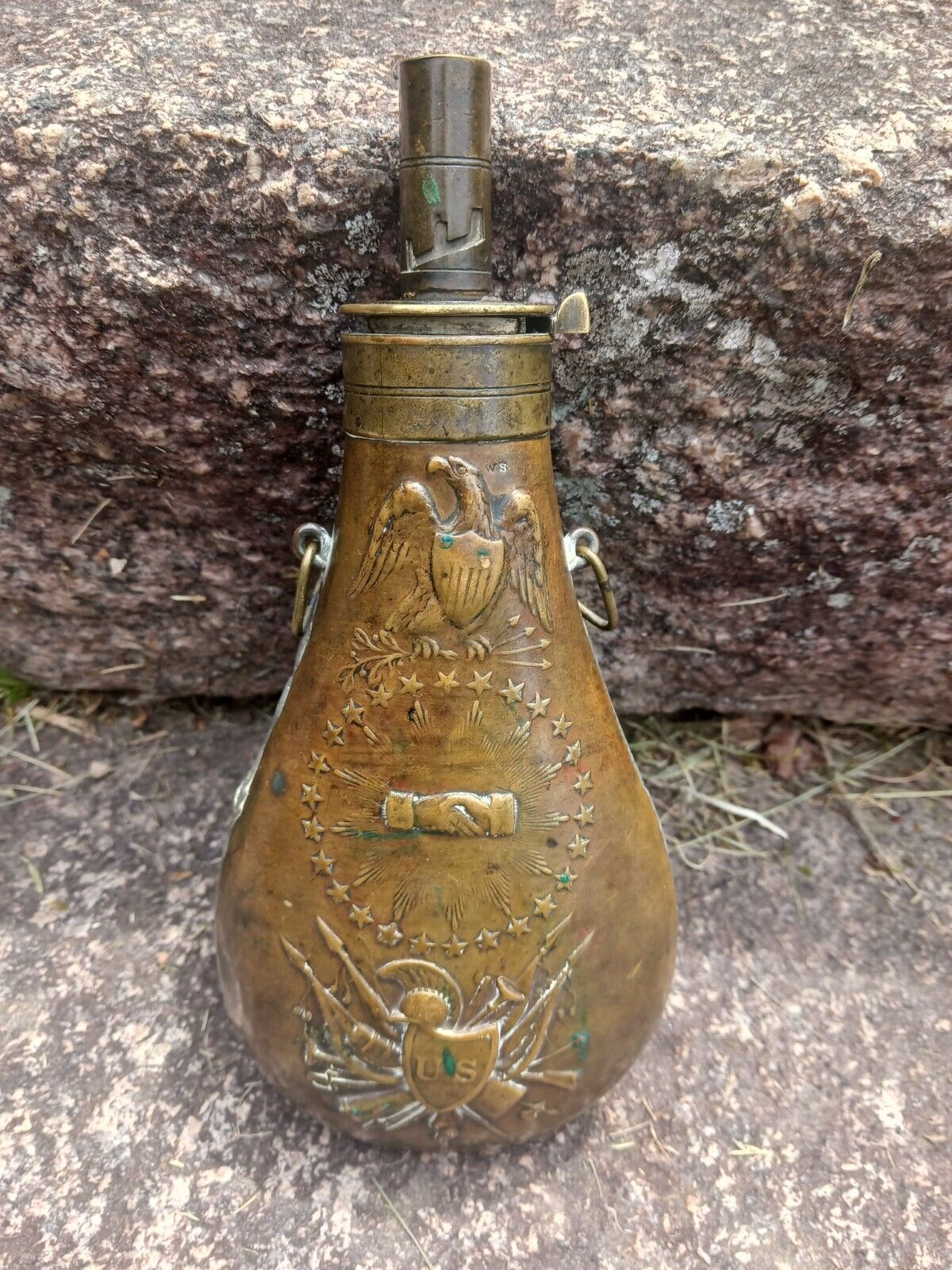 Early Antique N.P. Ames 1838 U.S. Military Powder Flask Pre Civil War Era.