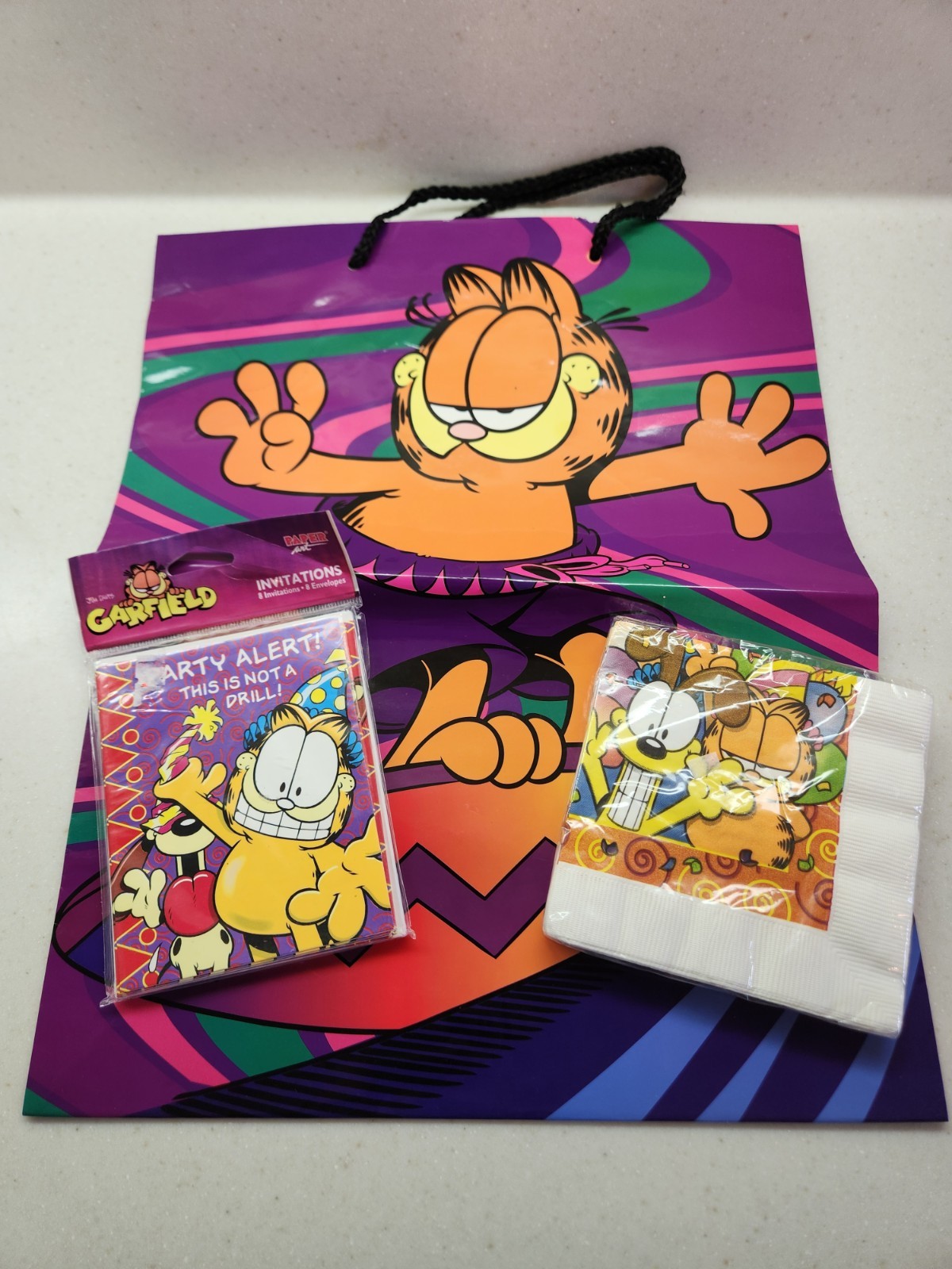 Vtg Garfield Birthday Party Supplies Lot NOS Sealed Invitations Napkins Gift Bag