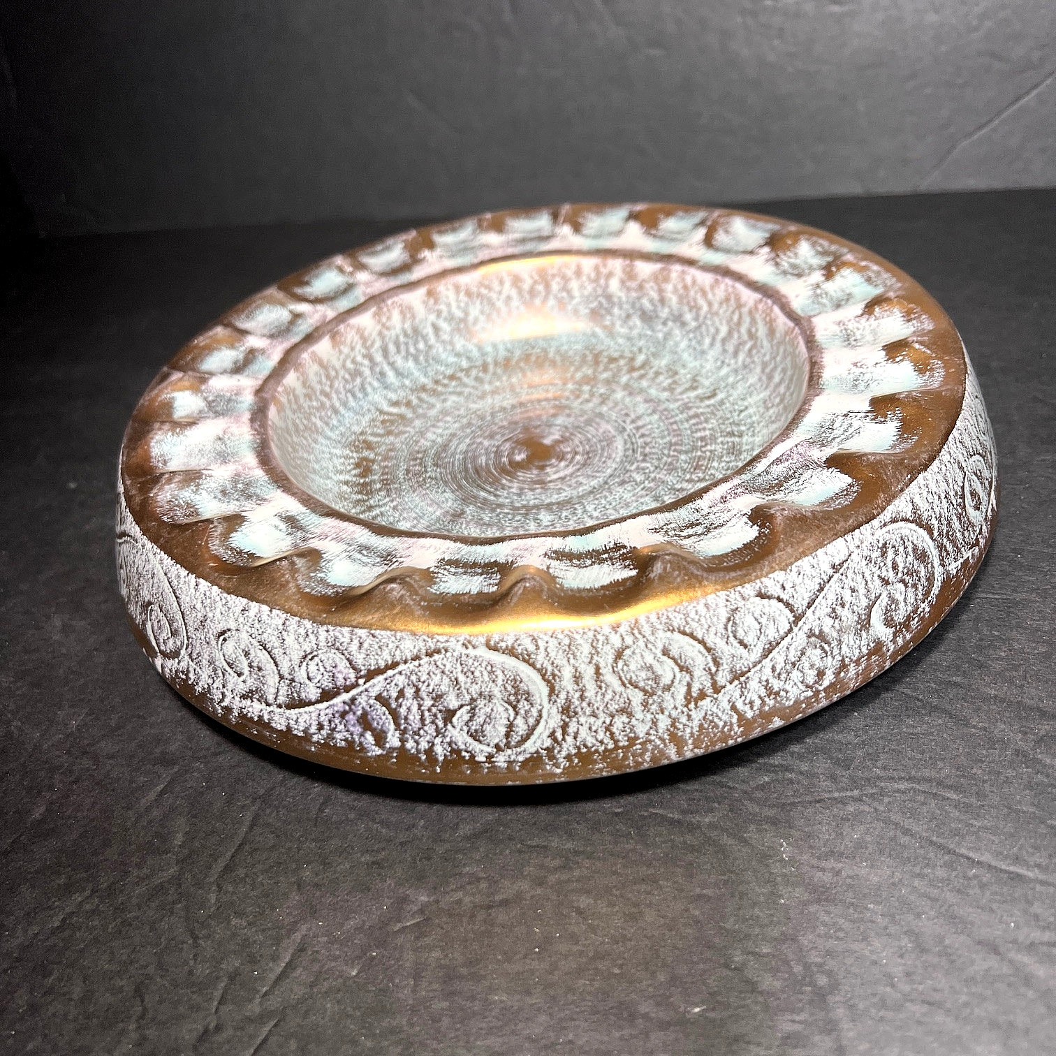 Vintage Stangl Pottery Teal & Gold Glaze Ashtray Trinket Dish 9.25\