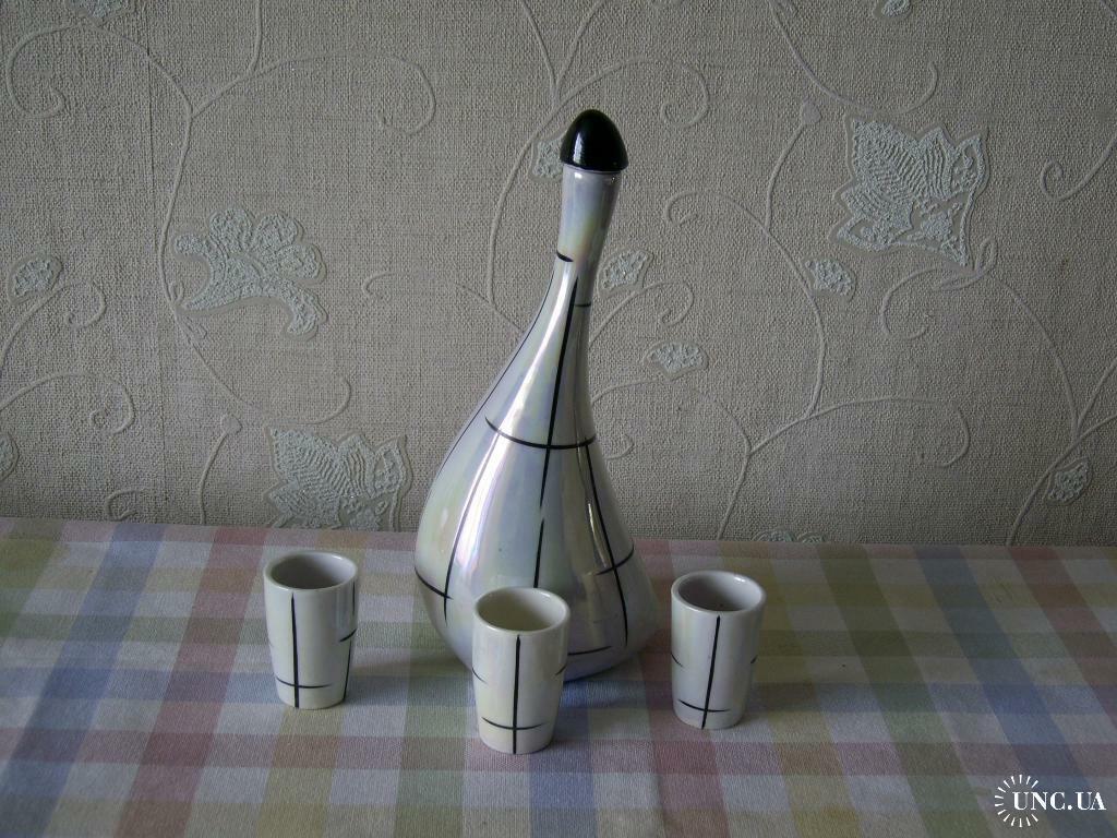 Rare Vintage 1960s USSR Shtof Decanter Set Cups Porcelain Signed White Handmade 